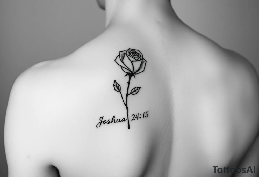 fine-line rose on my inner wrist, with the stem flowing down into the word Joshua 24:15 in tiny clean text underneath. photo of it tattoo idea