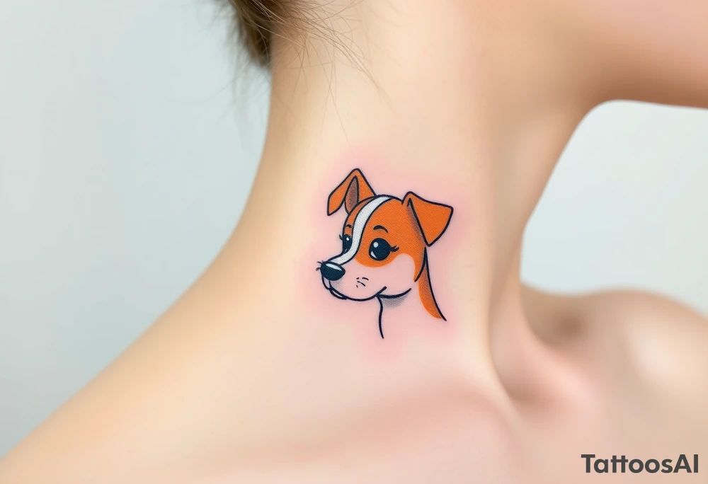 One line tattoo of female dog with white strip going up dog’s snout slightly off centered. With young slightly out tattoo idea