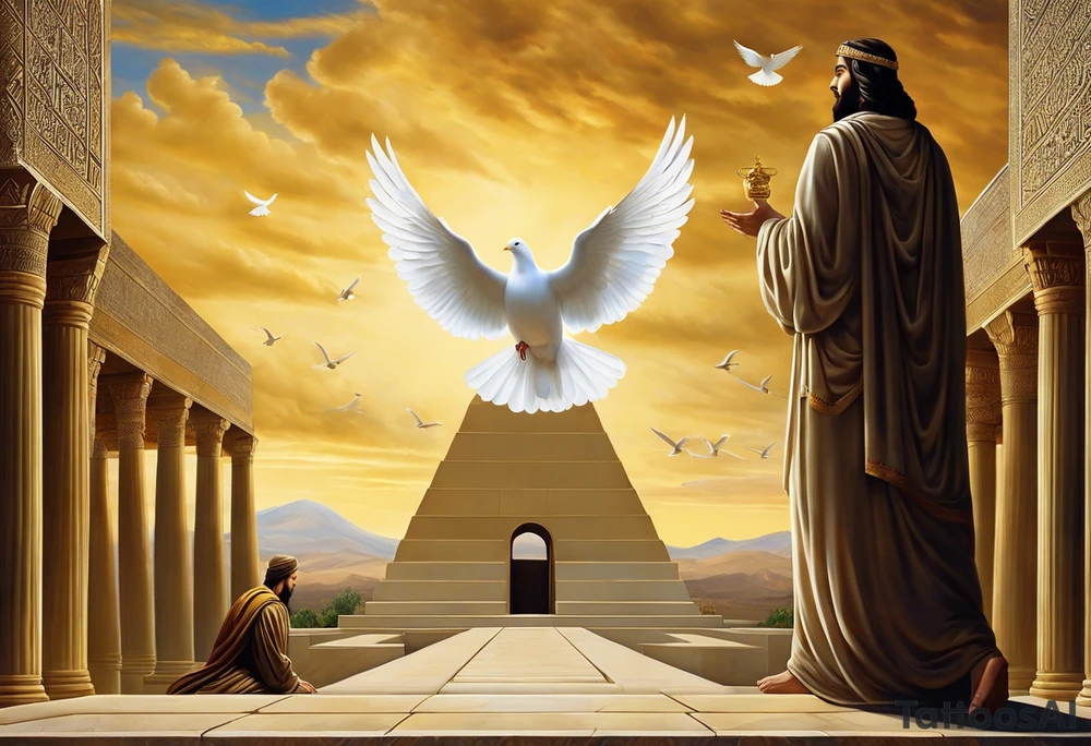 A surreal and dramatic scene featuring two figures: Cyrus the Great and Jesus Christ, standing side by side. The tomb of Cyrus the Great is in the background, partially visible, symbolizing history and legacy. A white dove is flying gracefully above or near them, symbolizing peace. The image is integrated seamlessly to create a powerful and unified visual representation. The composition should evoke a sense of reverence, unity, and tranquility. tattoo idea