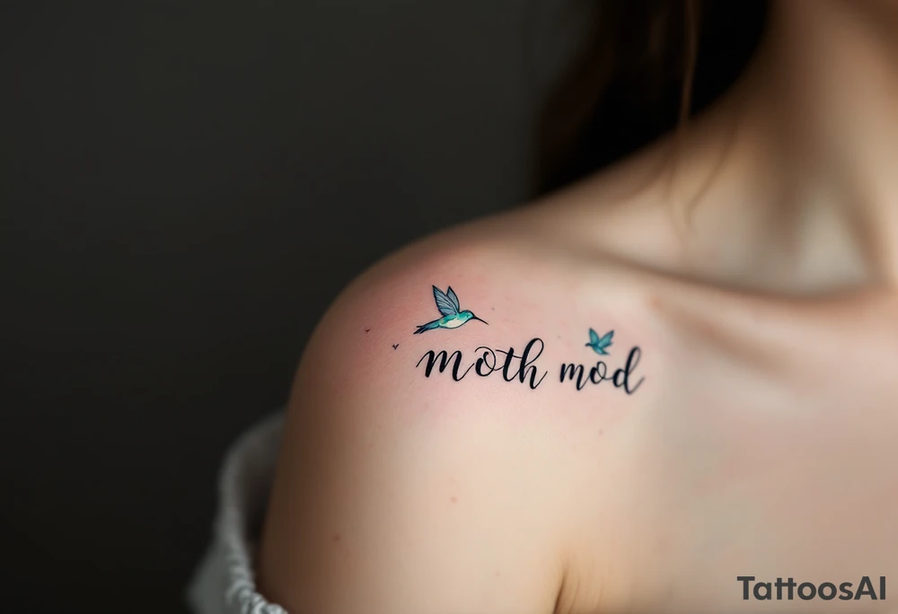 A delicate hummingbird in teal hovering near a child’s name in cursive reflects a mother’s ceaseless care and presence. tattoo idea