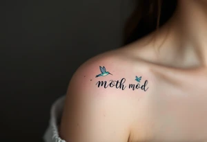A delicate hummingbird in teal hovering near a child’s name in cursive reflects a mother’s ceaseless care and presence. tattoo idea