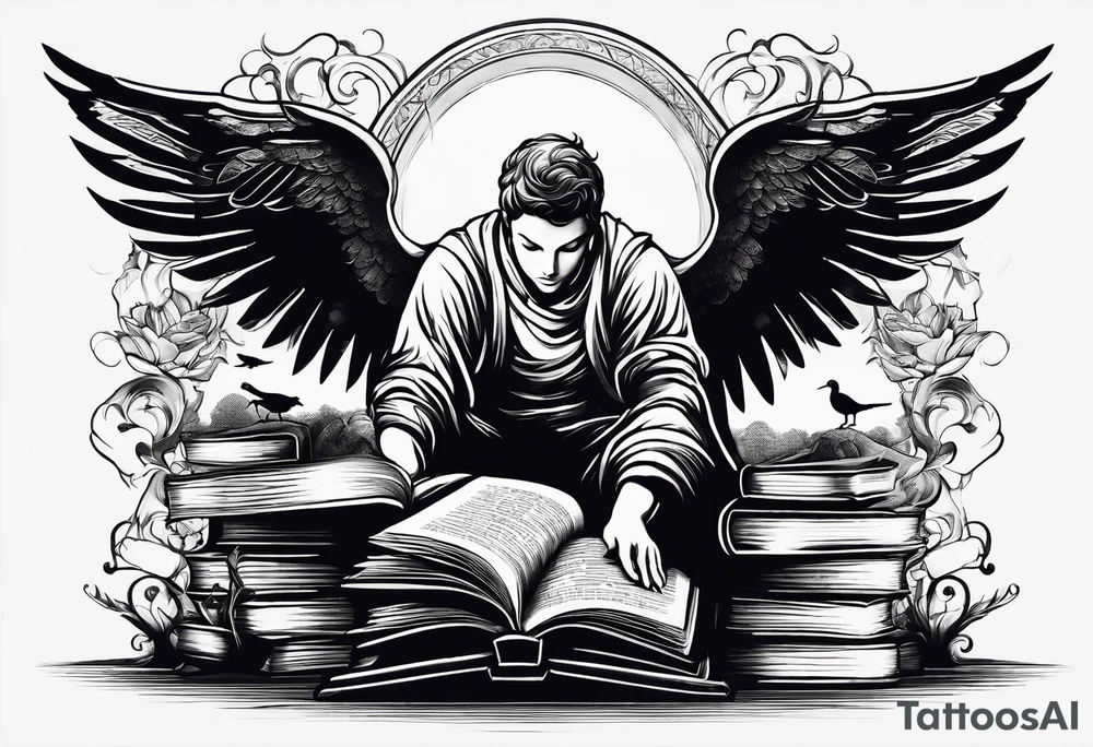 Angel kneeling next to open stack of books with bird silhouettes flying out of the book. tattoo idea