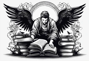 Angel kneeling next to open stack of books with bird silhouettes flying out of the book. tattoo idea