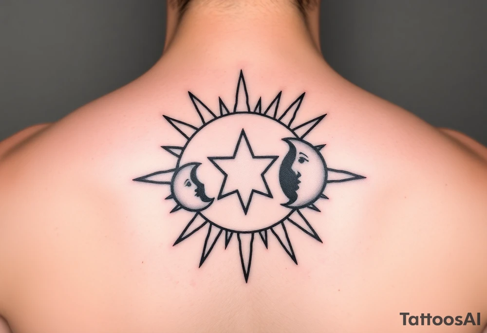 Cute sun, star and moon with three images and each one can be filled in black by three sisters tattoo idea