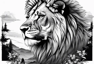 shoulder sleeve with lion and cub, landscape background tattoo idea