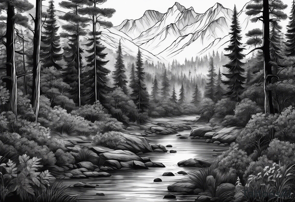 realistic black and gray dark
forest tattoo idea