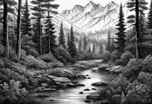 realistic black and gray  dark 
forest tattoo idea