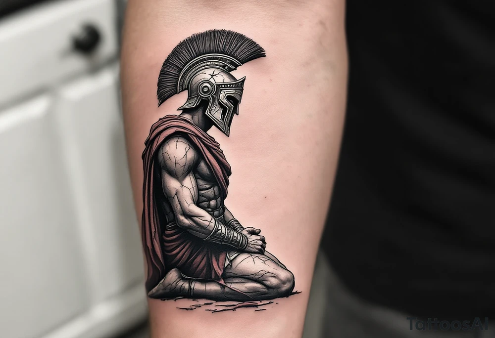 Under the Emperor’s Gaze – A black-and-gray realism piece of a gladiator kneeling before the Roman Emperor, awaiting judgment. His rusted iron helmet is cracked, and his red sash trails in the wind, symbolizing fate. tattoo idea