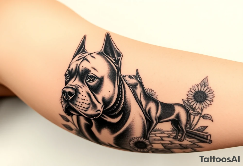 Very thick muscled up pitbull portraits fading into the background as filler incorporate sunflowers, an old road made from pavers tattoo idea