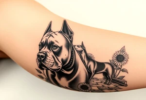 Very thick muscled up pitbull portraits fading into the background as filler incorporate sunflowers, an old road made from pavers tattoo idea