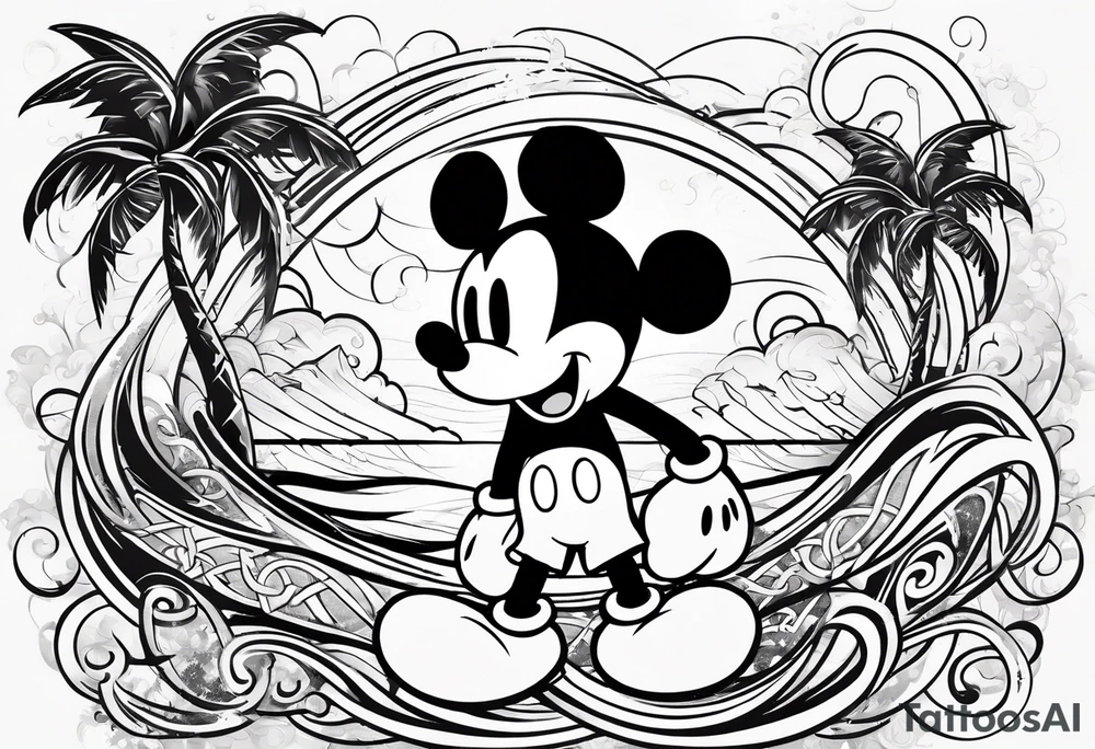 mickey mouse in a lightning storm with palm trees and the celtic symbol for family tattoo idea