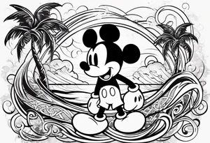 mickey mouse in a lightning storm with palm trees and the celtic symbol for family tattoo idea