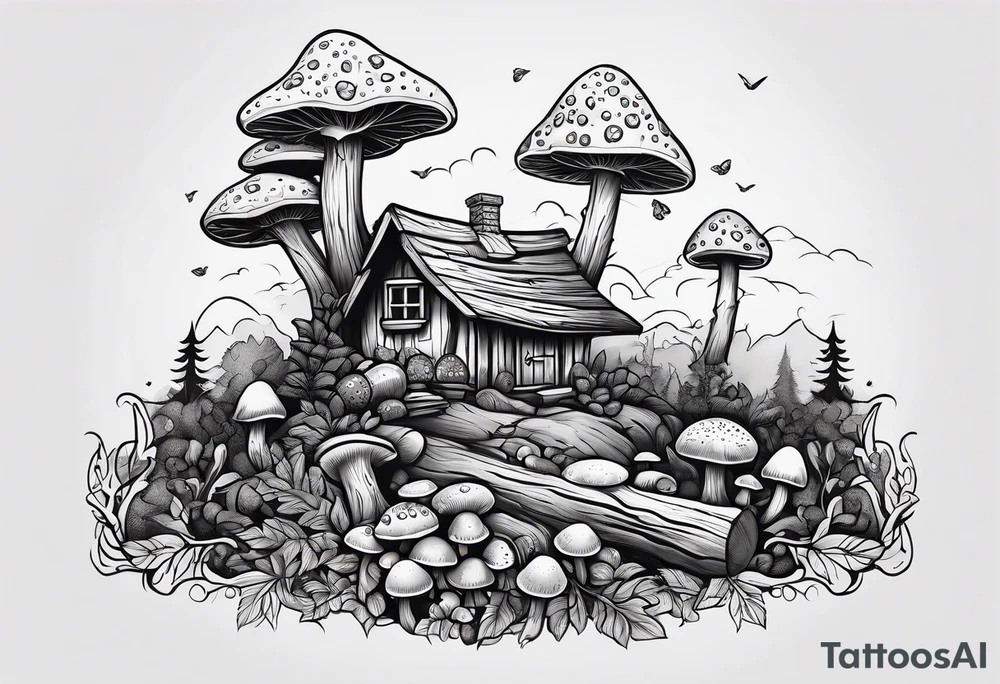 Woodland, cottage core, fallen log with small amount of mushrooms tattoo idea