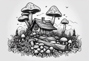 Woodland, cottage core, fallen log with small amount of mushrooms tattoo idea