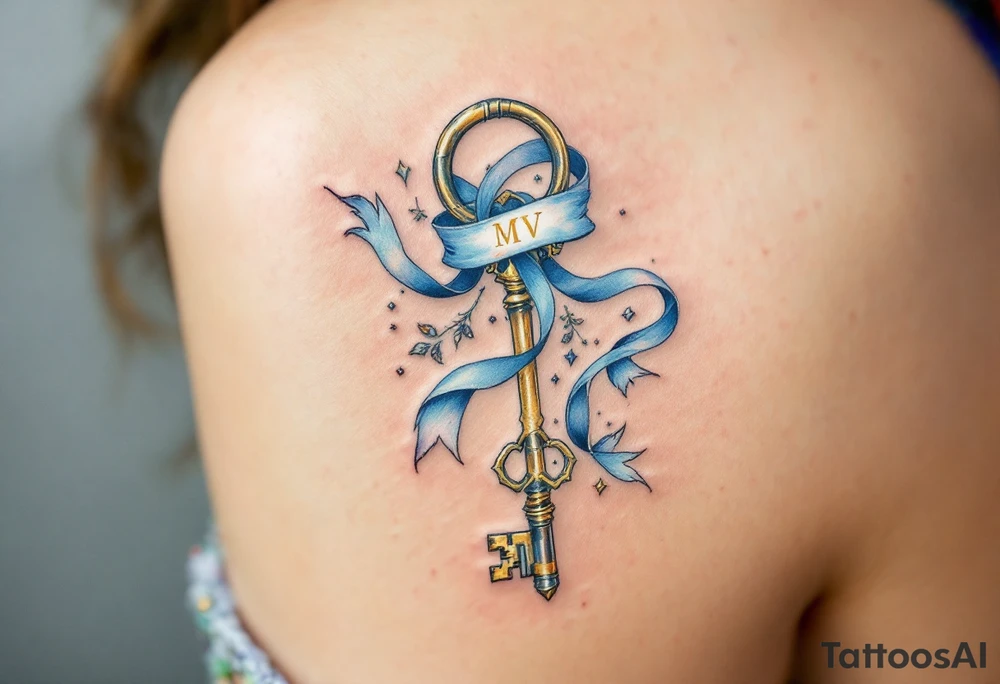 A vintage brass key with a long, flowing ribbon wrapping around the shaft, leading to a lock that features an engraved couple’s initials. Rich brass for the key, pastel blue for the ribbon, and a soft silver lock with engraved initials in gold. tattoo idea