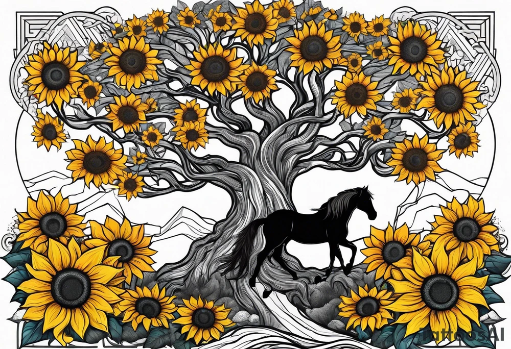 Yggdrasil tree, horse in front of it, and sunflowers tattoo idea