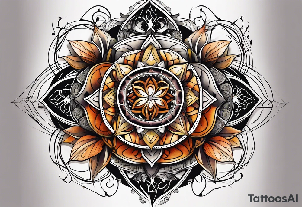 front knee tattoo with sacred geometry, swirls & washes, background and in fall colors tattoo idea