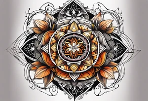 front knee tattoo with sacred geometry, swirls & washes, background and in fall colors tattoo idea