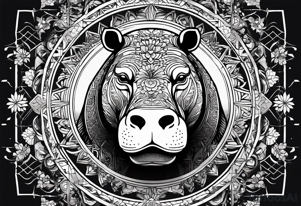 Very asymmetrical, +geometric pattern, with realistic full moon, with seeious looking hippo, +zen feel, + Buddhism touch, +tribal, +geometric
with wintersweet flower bud, +portrait orientation, +inkart touch, tattoo idea