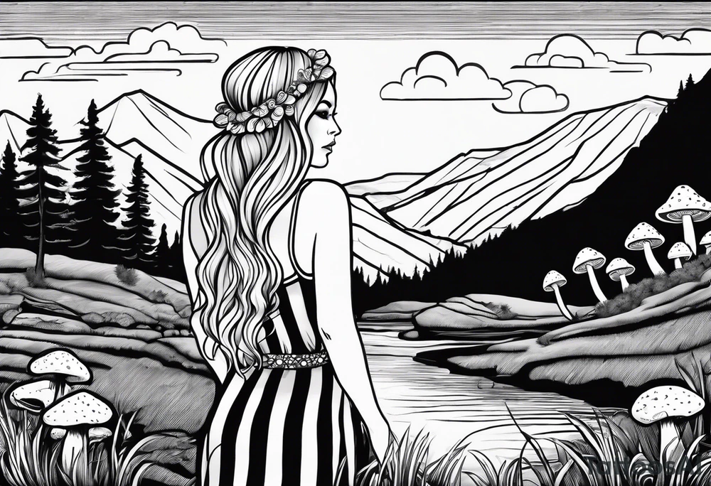 Straight long blonde hair hippie girl in distance holding mushrooms in hand facing away toward mountains and creek surrounded by mushrooms black and white striped dress tattoo idea