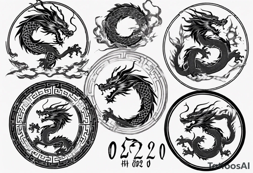 Chinese dragon in a circular shape with "02.03" written on its skin tattoo idea