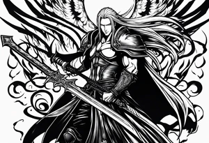 Sephiroth surrounded by flames with his sword and full armour tattoo idea