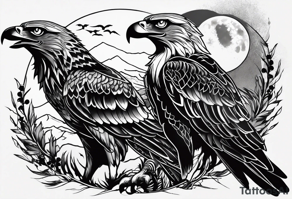 Hawk and a Wolf, Nature Scenery, and names Grayson, Bennett, Layden, Xavian, Amelia, Braxton tattoo idea