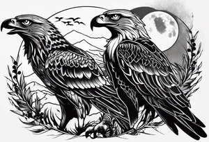 Hawk and a Wolf, Nature Scenery, and names Grayson, Bennett, Layden, Xavian, Amelia, Braxton tattoo idea