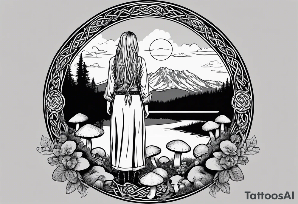Whole picture encircled fully

Straight long blonde hair hippie girl in distance holding mushrooms in hand facing away toward mountains and creek surrounded by mushrooms long sleeve shirt and hiking pants; whole rendering within a full celtic circle, no cut off circle tattoo idea