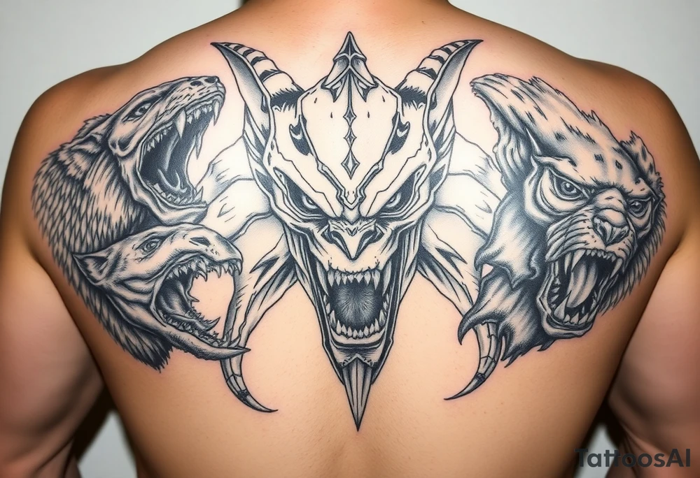 powerful majestic giant with a alien eyes and teeth like a sabertooth , surrounded by vicious animals but not from earth tattoo idea