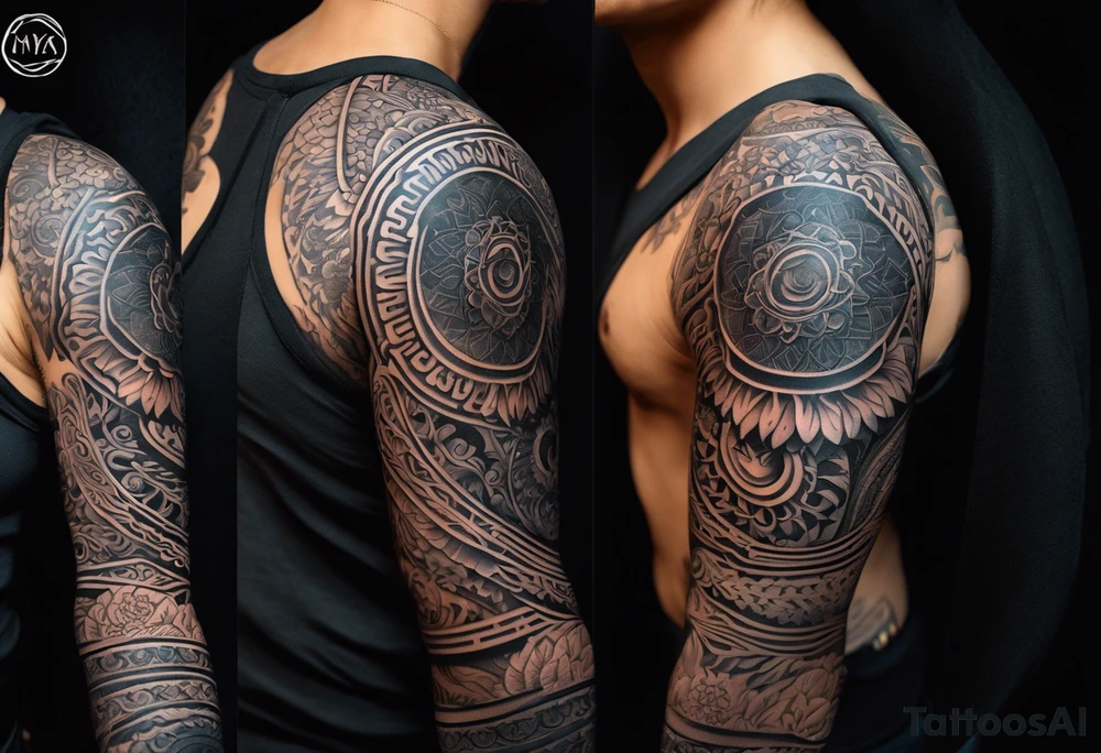 A full tattoo sleeve inspired by Greek mythology, designed with a dark and powerful aesthetic. The centerpiece is the Greek goddess Aphrodite, depicted with a strong yet ethereal presence, embodying both beauty and power. Surrounding her, intricate mandala patterns are woven into the design, adding a sense of balance and symmetry while maintaining a masculine edge. The shading throughout the sleeve is heavy and dramatic, creating deep contrasts and a sense of depth. Additional elements like laurel wreaths, classical columns, or stormy ocean waves intertwine with Aphrodite, symbolizing strength, endurance, and the untamed forces of nature. The overall design should be bold and intense, capturing the mythological grandeur in a way that resonates with a strong, masculine energy. tattoo idea