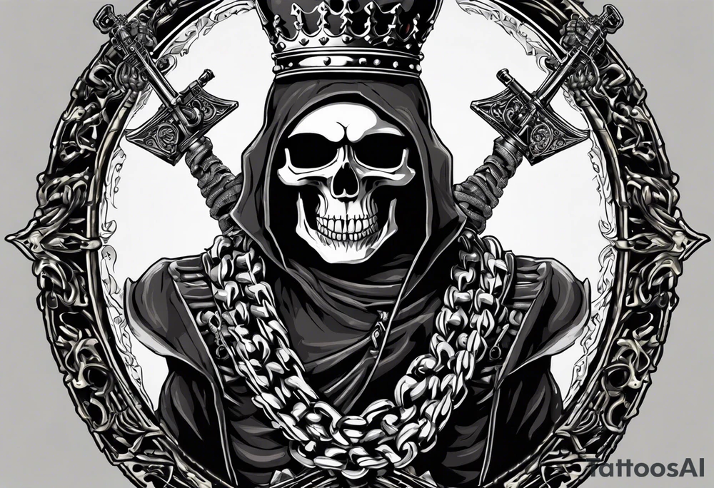 image of a skeleton standing frontally with a crown on his head, holding an AK-47 on his shoulder with his right hand. The chain on the left should be taut, there are three angry barking Dobermans in it, near the waist tattoo idea