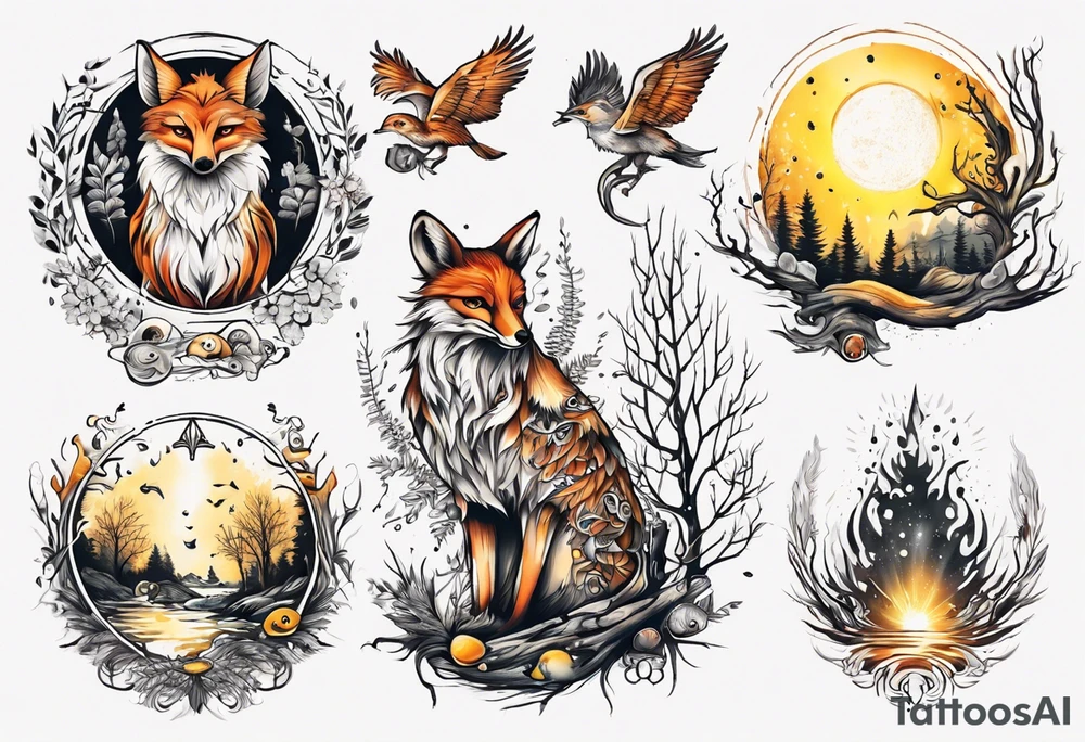sonne, eule  wald, fuchs 
baum, sapere aude, Wasser, fisch tattoo idea