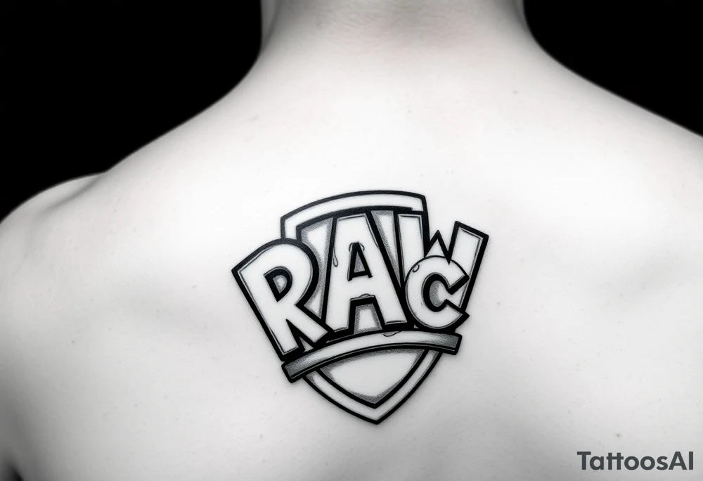 Paw patrol badge with letters  K M C wrapped stacked offset around it tattoo idea