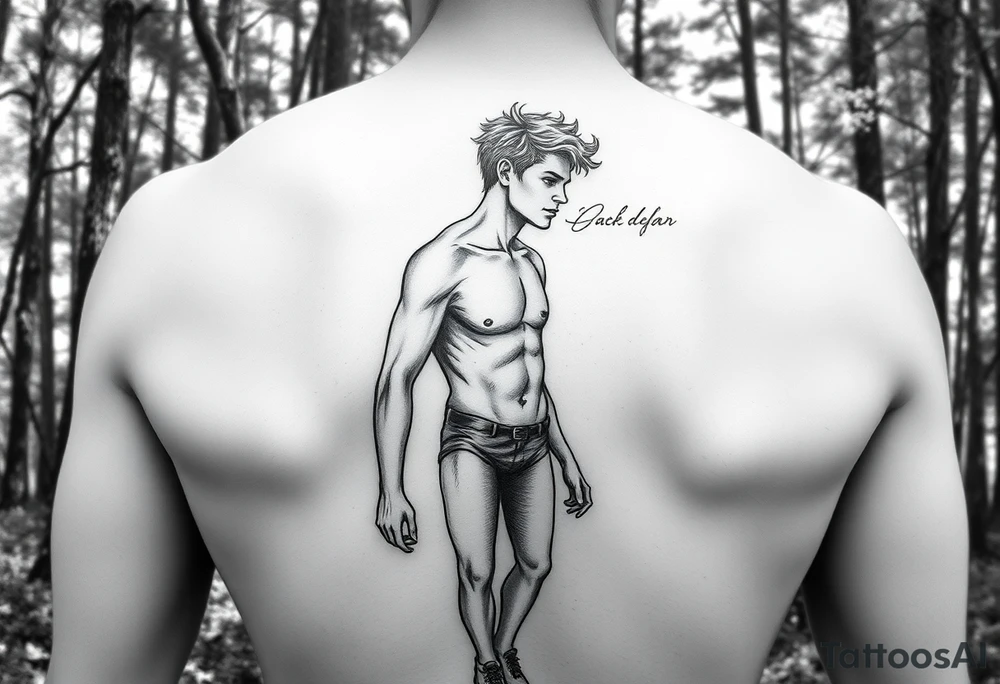 naked young man walking in the forest , pin up style, black and white tattoo idea