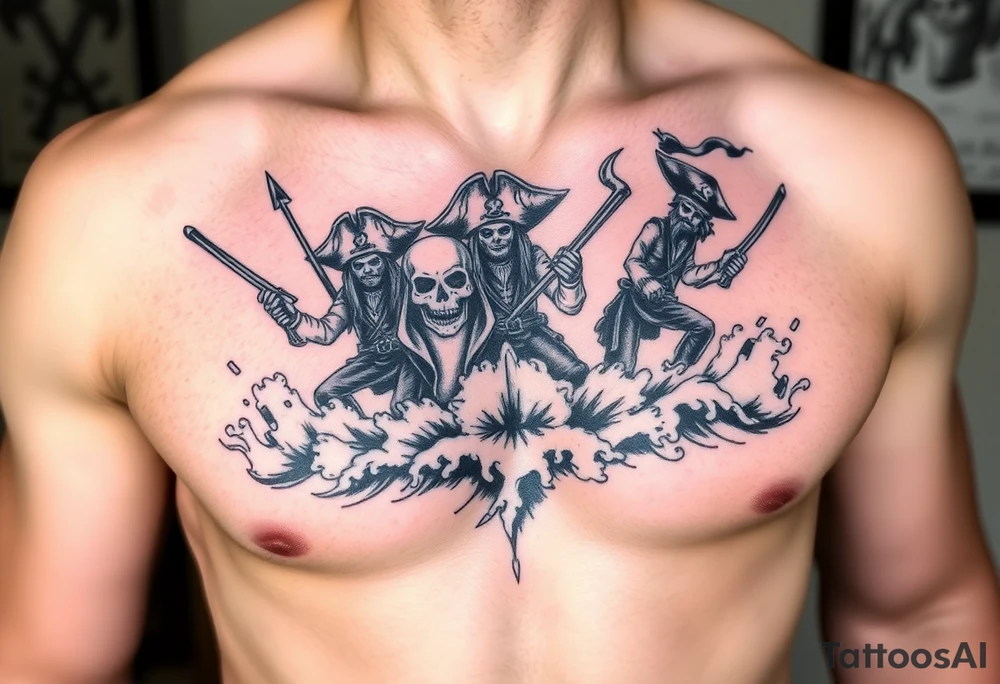 Color Pirate chest piece with pirate crew charging the shore with weapons drawn as waves crash around them tattoo idea
