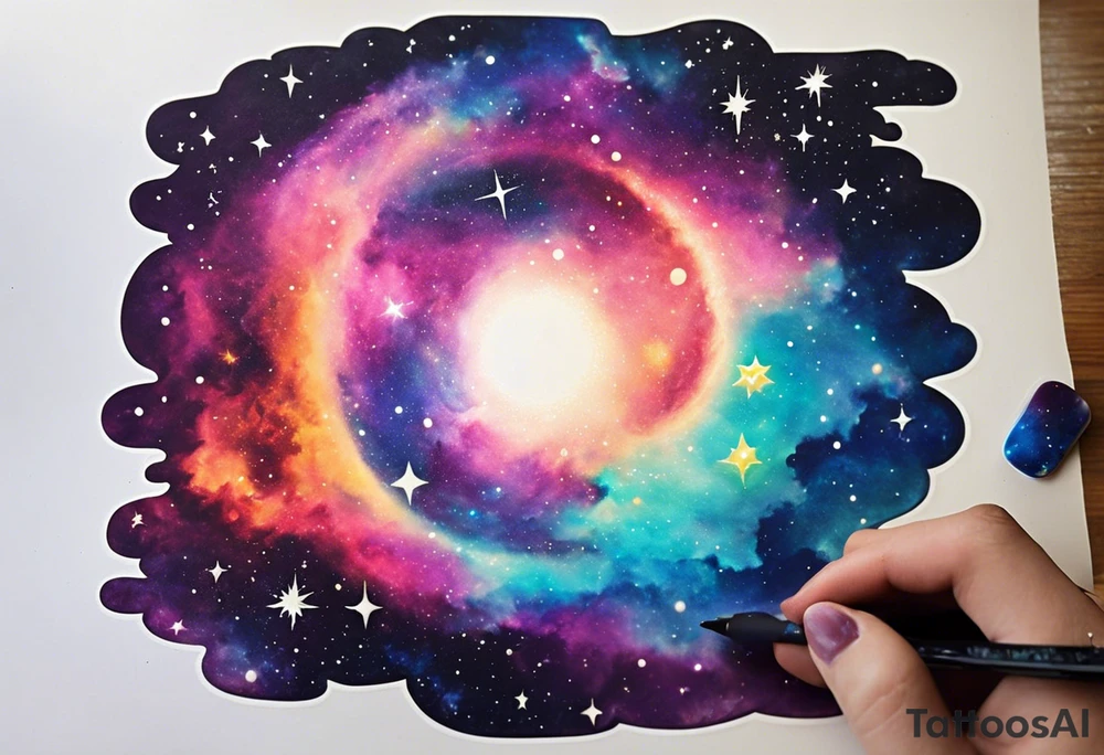 I want a nebula space galaxy s kinda shape 
tattoo that's colorful and bright and cute and is nice to look at I don't want a traditional circle I want it like the ones thay look like an s shape and this tattoo will be on my left buttcheek and light colors I want more spread and less circle side to life Left to right a spiral galaxy in prominently blue light or dark tattoo idea