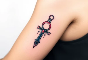 A Hand Holding an Ankh with a Name Written Inside(only red , blue and black are possible colors) tattoo idea