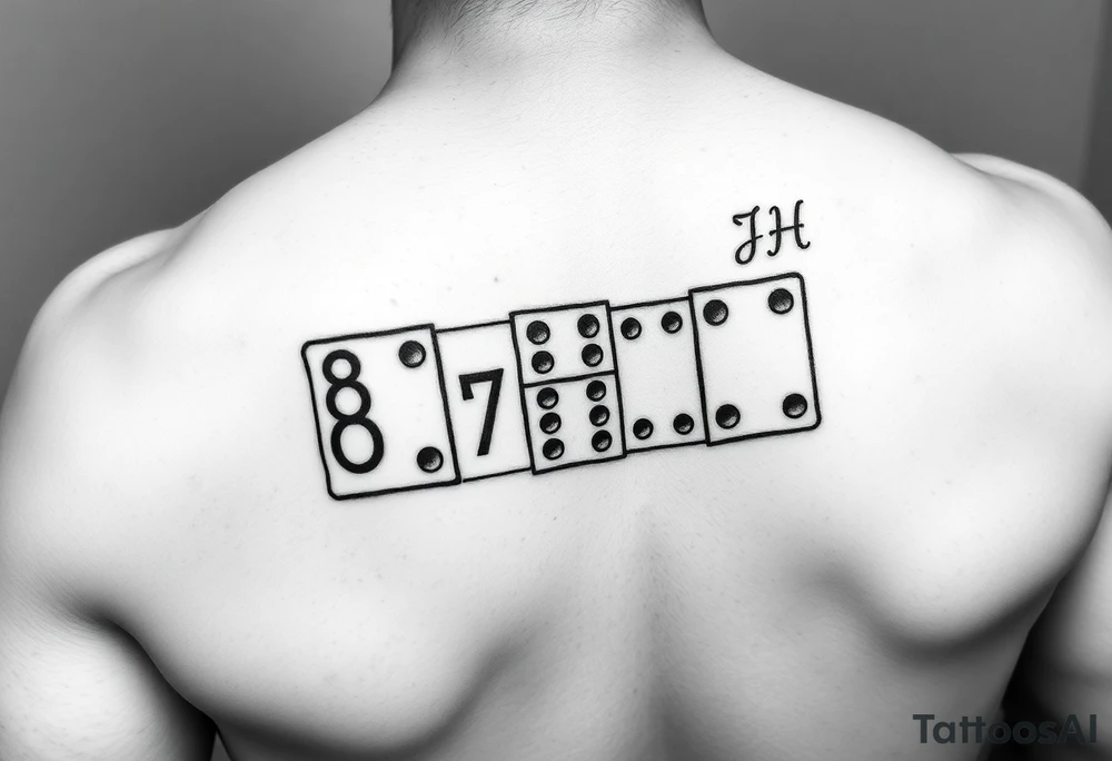drei dominosteine mit den augen nummern 8 7 6 und beim letzten unten 6 und oben die Inizialen JH tattoo idea