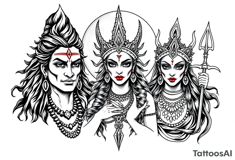 Lord Shiva, Godess Kali, Godess Lilith Together with the moon in the background tattoo idea