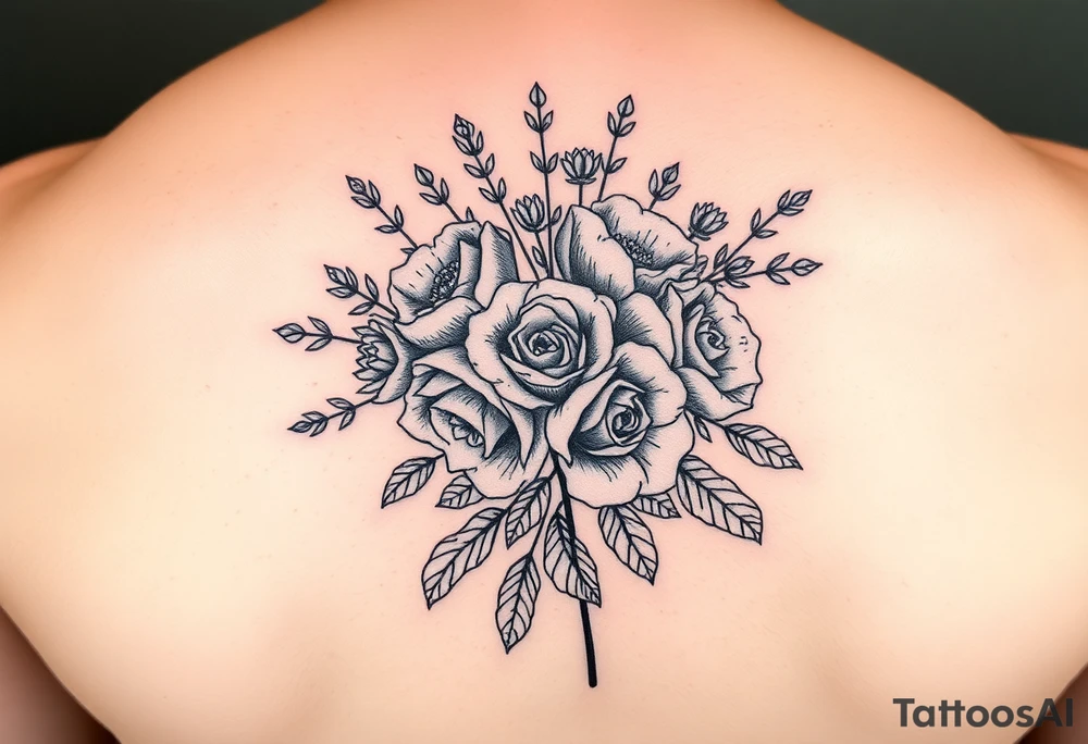 vintage bouquet of wild roses and meadow flowers with morning dew tattoo idea