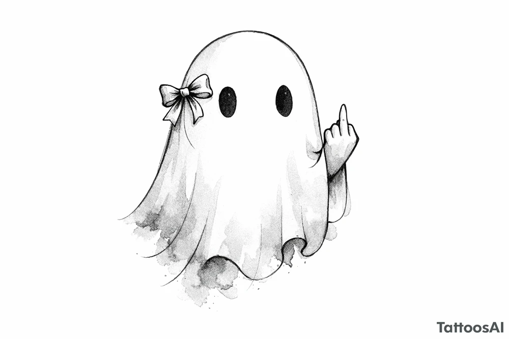 Ghost outline with a tiny, detailed bow and a defiant middle finger, watercolor style. tattoo idea