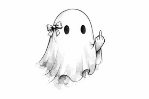 Ghost outline with a tiny, detailed bow and a defiant middle finger, watercolor style. tattoo idea