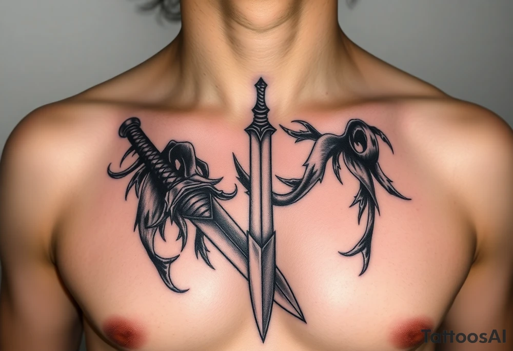 Feminine Tattoo dark female warrior with dagger and realistic horns just barley touching collarbone with a lot of shading tattoo idea