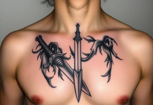 Feminine Tattoo dark female warrior with dagger and realistic horns just barley touching collarbone with a lot of shading tattoo idea