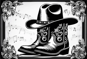 Music notes around Cowboy boots with cowboy hat tattoo idea