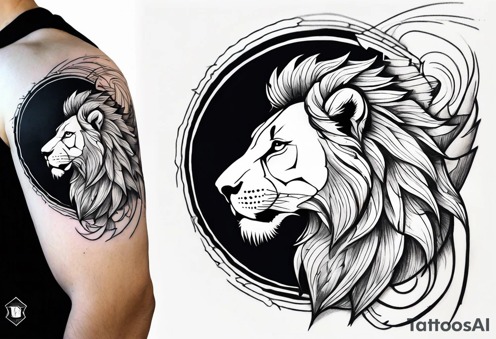 half sleeve from shoulder to elbow. lion for strength, kite for childhood, and light burst over the top of the shoulder. tattoo for a male so should be masculine. strong shade work tattoo idea