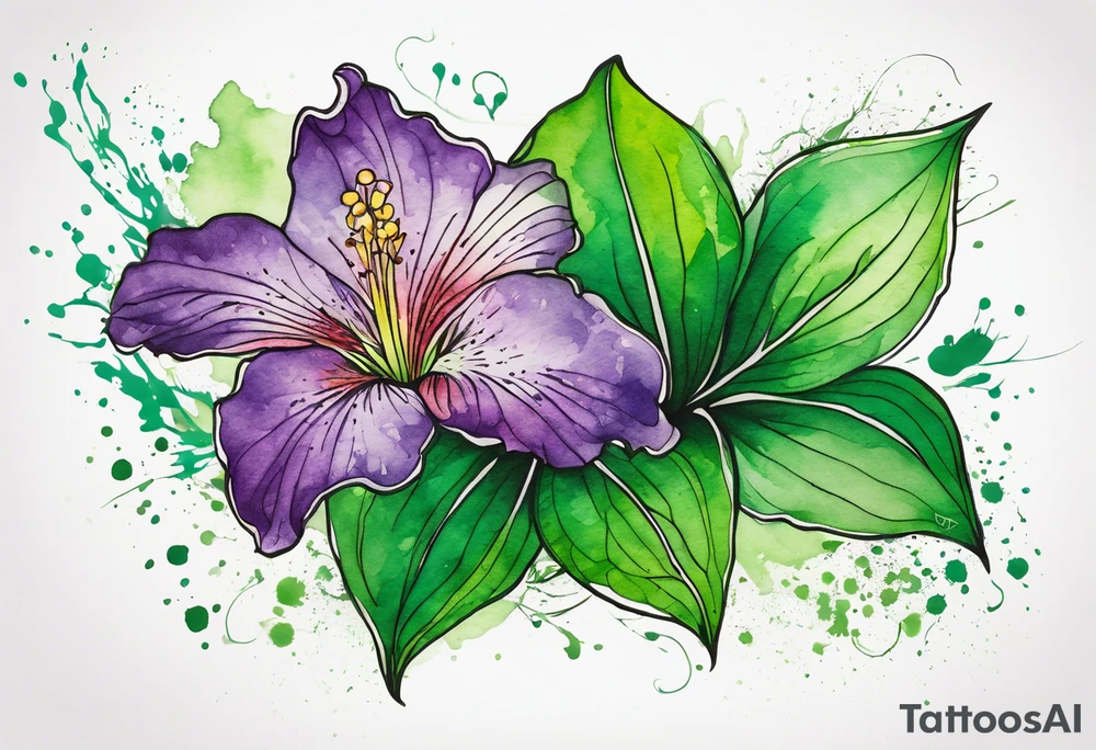 An outline of a green rio dipladenia flower and a green/purple watercolor splash in the background tattoo idea