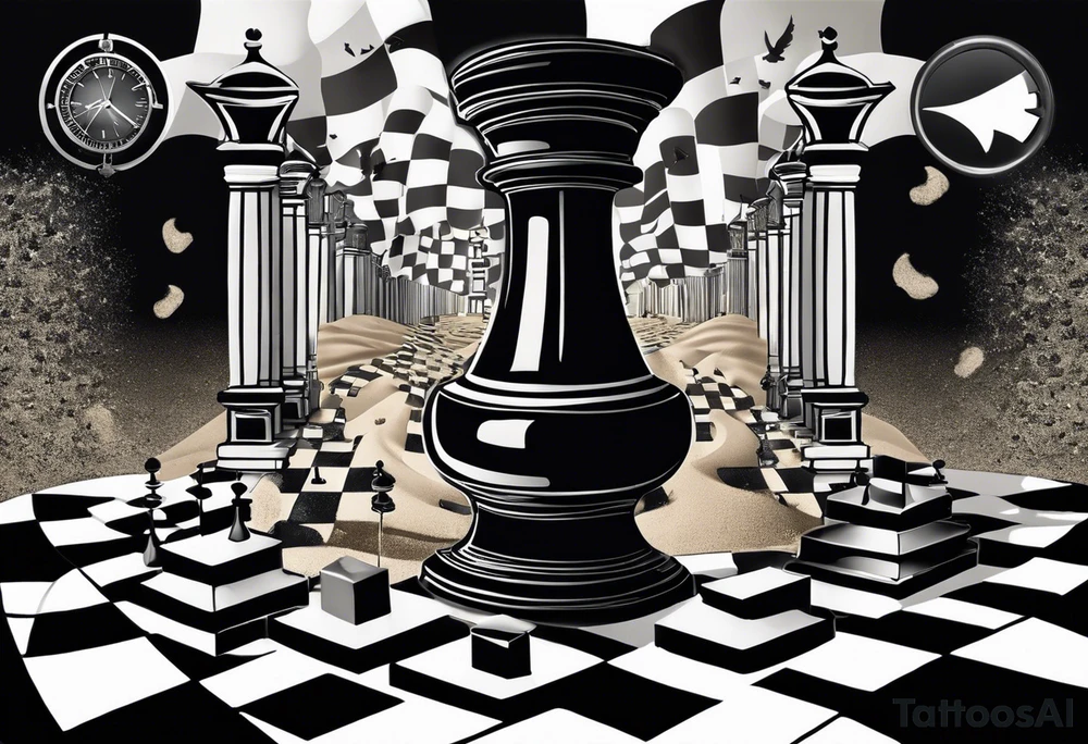A black-and-white tattoo featuring a chessboard with scattered chess pieces, symbolizing strategy and the unpredictability of life. In the background, an hourglass with sand halfway through represents the passage of time. The chessboard is slightly distorted to give a surreal, maze-like effect. The design uses bold lines and shading to create contrast, with no extra colors, staying true to the black-and-white theme on the hand tattoo idea