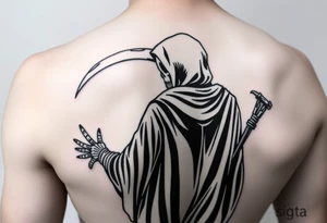 Simple grim reaper looking back holding his hand out to hold tattoo idea